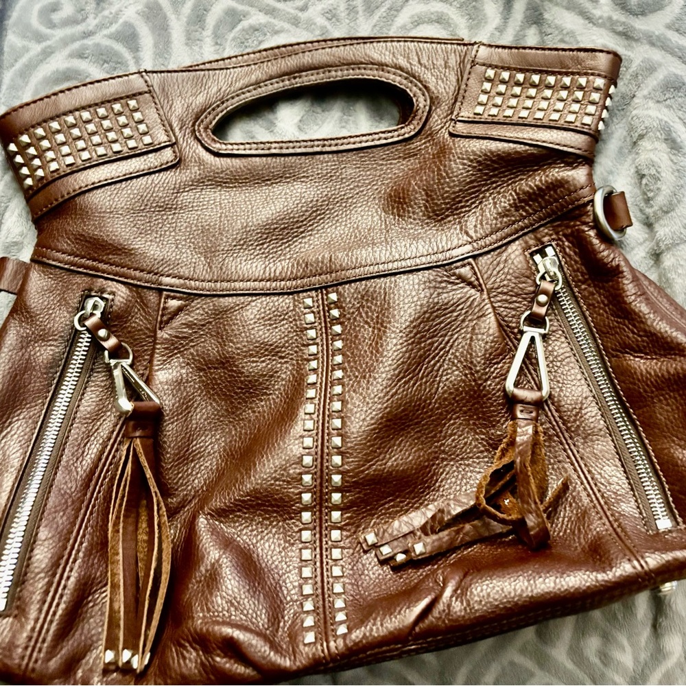 Brown Leather Tote with Braided Detailing and Tassels